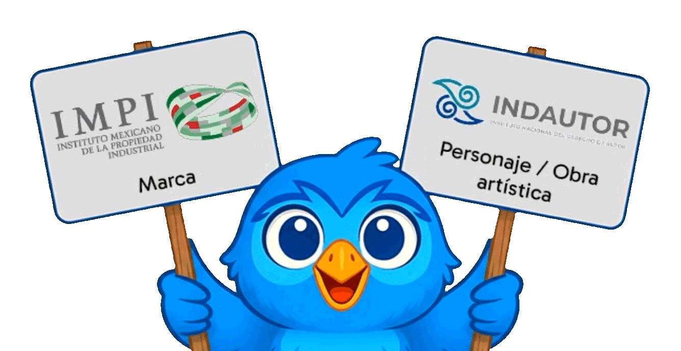 Pixi, búho de Pixtor, mostrando en carteles las institucionas de marca (IMPI) y obra artística (INDAUTOR).