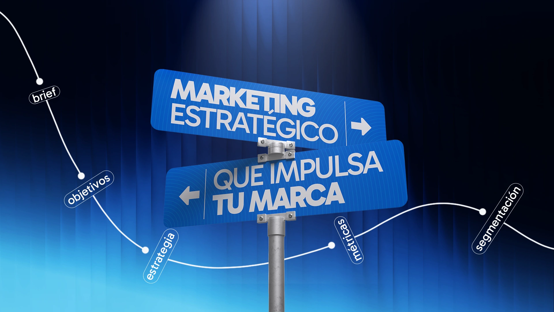 Ilustración de marketing estratégico con señalización que impulsa tu marca, incluyendo conceptos de objetivos, estrategia, segmentación y métricas en fondo digital azul