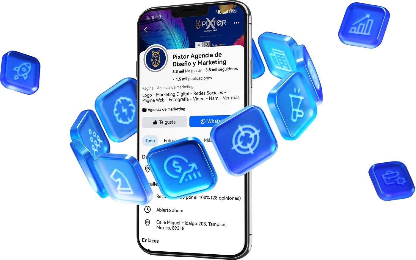 Smartphone con perfil de agencia de marketing digital en redes sociales, acompañado de iconos 3D de estrategia, analítica, publicidad y crecimiento empresarial